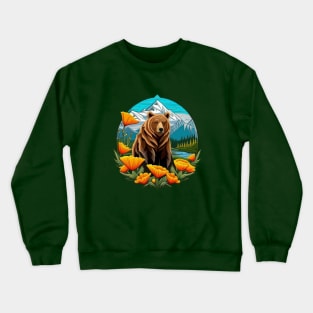 Bear In Mountain Landscape Surrounded By Orange California Poppies Crewneck Sweatshirt